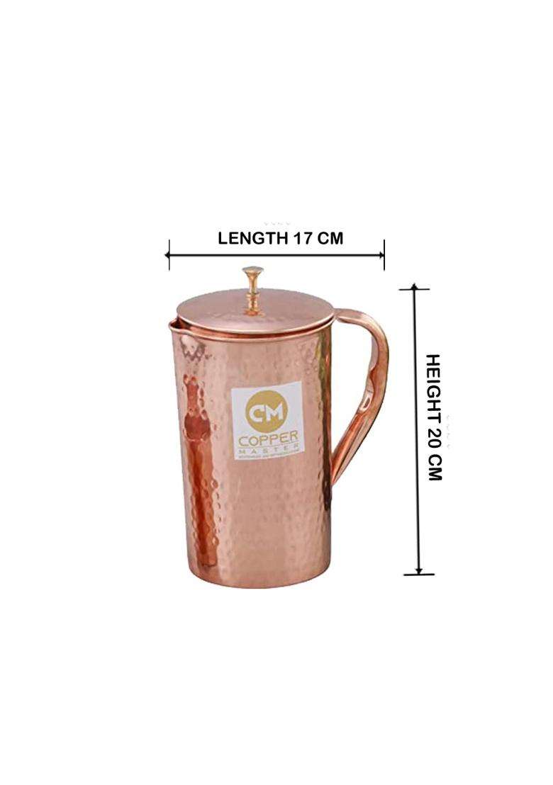 Copper-Master Pure Copper Hammered Design Jug with 2 Copper Glasses Drinkware and Water Storage | 1500 ml | 50.7 fl oz - Indya