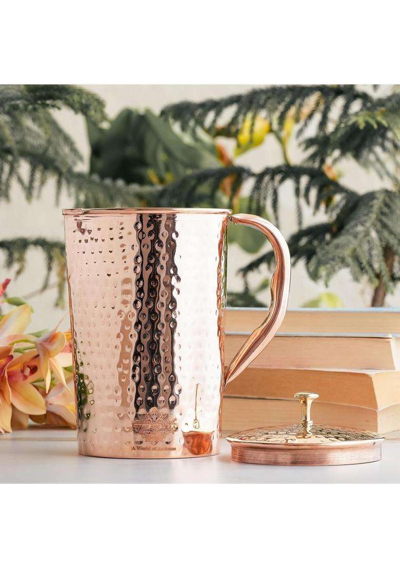 INDIAN ART VILLA Pure Copper Ancient Hammered Carafes with Lid | 2000 ml | 67.6 fl oz - Indya