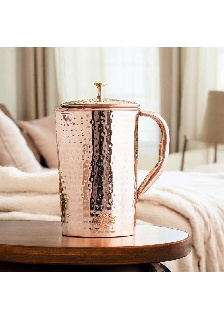 INDIAN ART VILLA Pure Copper Ancient Hammered Carafes with Lid | 2000 ml | 67.6 fl oz - Indya