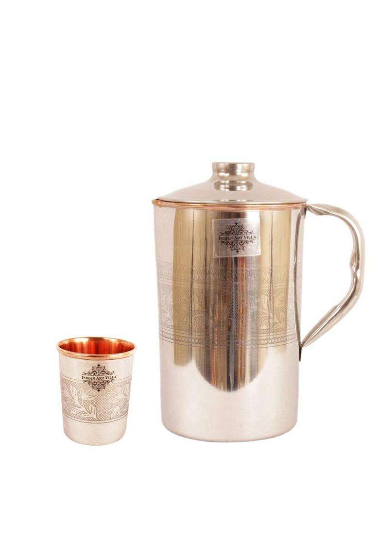 INDIAN ART VILLA IndianArtVilla Steel Copper Designer Jug Pitcher with Glass Tumbler Cup | 2-Piece Set - Indya