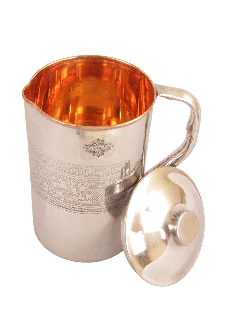 INDIAN ART VILLA IndianArtVilla Steel Copper Designer Jug Pitcher with Glass Tumbler Cup | 2-Piece Set - Indya