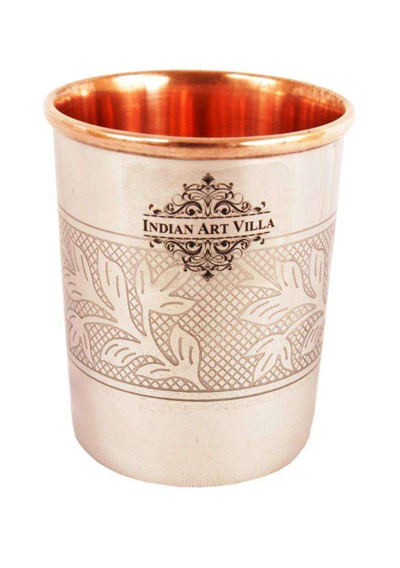 INDIAN ART VILLA IndianArtVilla Steel Copper Designer Jug Pitcher with Glass Tumbler Cup | 2-Piece Set - Indya