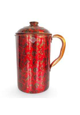 INDIAN ART VILLA Pure Copper Water Jug with Red Mini Paisley Print and Lid | 2 L | 2.1 Qt