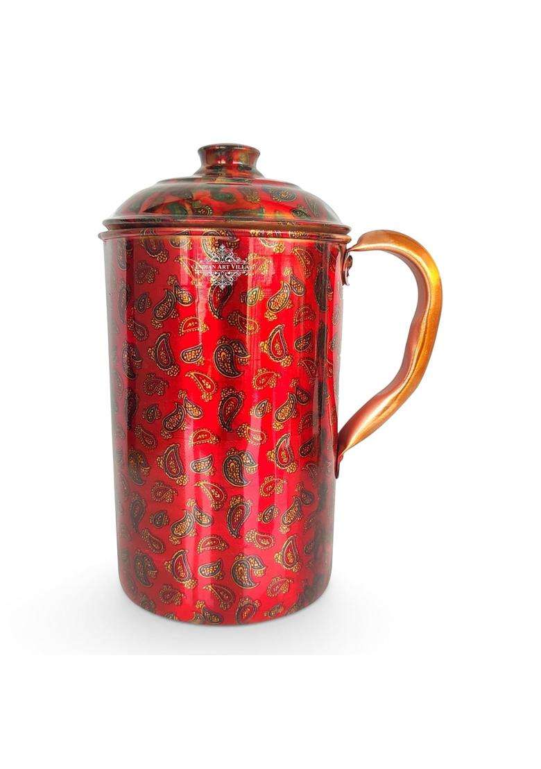INDIAN ART VILLA Pure Copper Water Jug with Red Mini Paisley Print and Lid | 2 L | 2.1 Qt - Indya