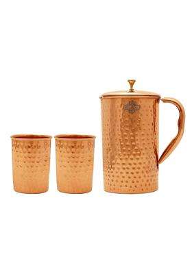 INDIAN ART VILLA Hammered Copper Jug Pitcher with 2 Glass Tumbler | 3-Piece Set