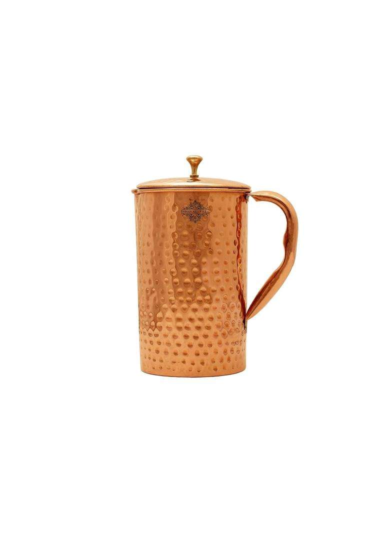 INDIAN ART VILLA Hammered Copper Jug Pitcher with 2 Glass Tumbler | 3-Piece Set - Indya