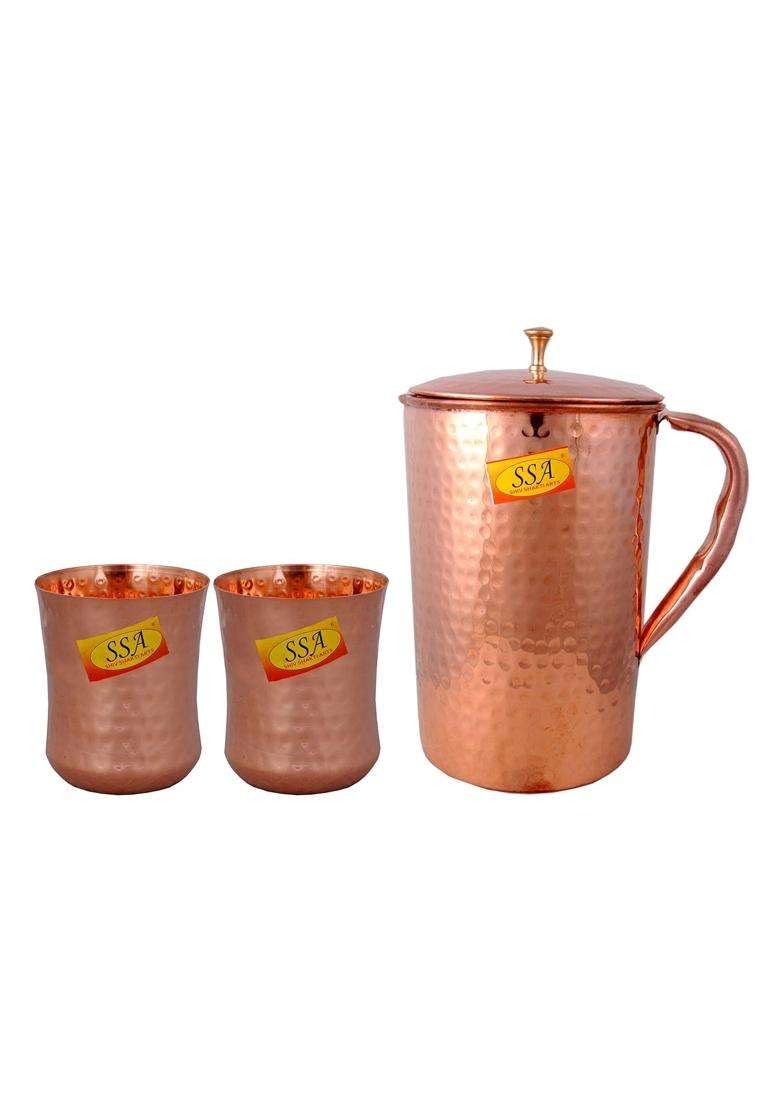 SHIV SHAKTI ARTS Shinee Hammer Design Copper Jug Glasses Set Antique Luxury Design | 1.8 L | 1.9 Qt | 3-Piece Set - Indya