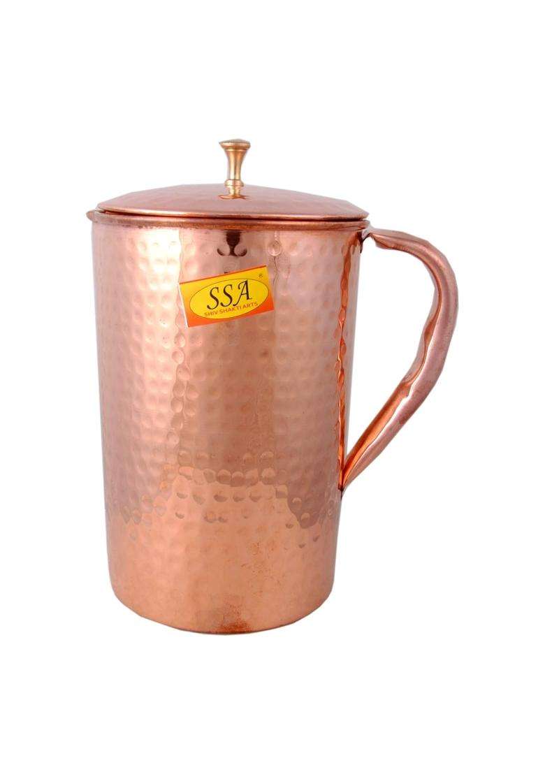 SHIV SHAKTI ARTS Shinee Hammer Design Copper Jug Glasses Set Antique Luxury Design | 1.8 L | 1.9 Qt | 3-Piece Set - Indya