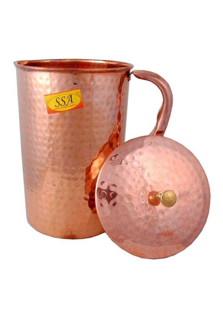 SHIV SHAKTI ARTS Shinee Hammer Design Copper Jug Glasses Set Antique Luxury Design | 1.8 L | 1.9 Qt | 3-Piece Set - Indya