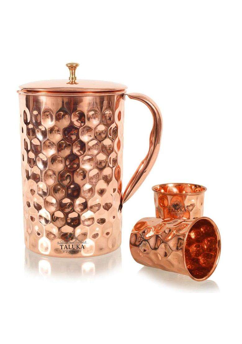 Taluka With T Logo Taluka Copper Diamond Design Jug with 2 Glass | 1500 ml | 50.7 fl oz - Indya
