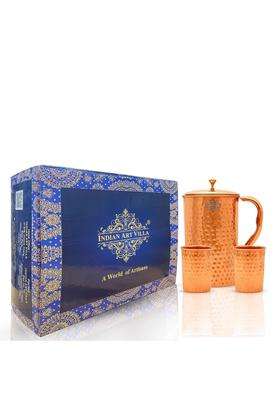 INDIAN ART VILLA Pure Copper Drinkware Gift Jug and 2 Glass with Gift Box and Hammered Design | 1.5 L | 1.6 Qt