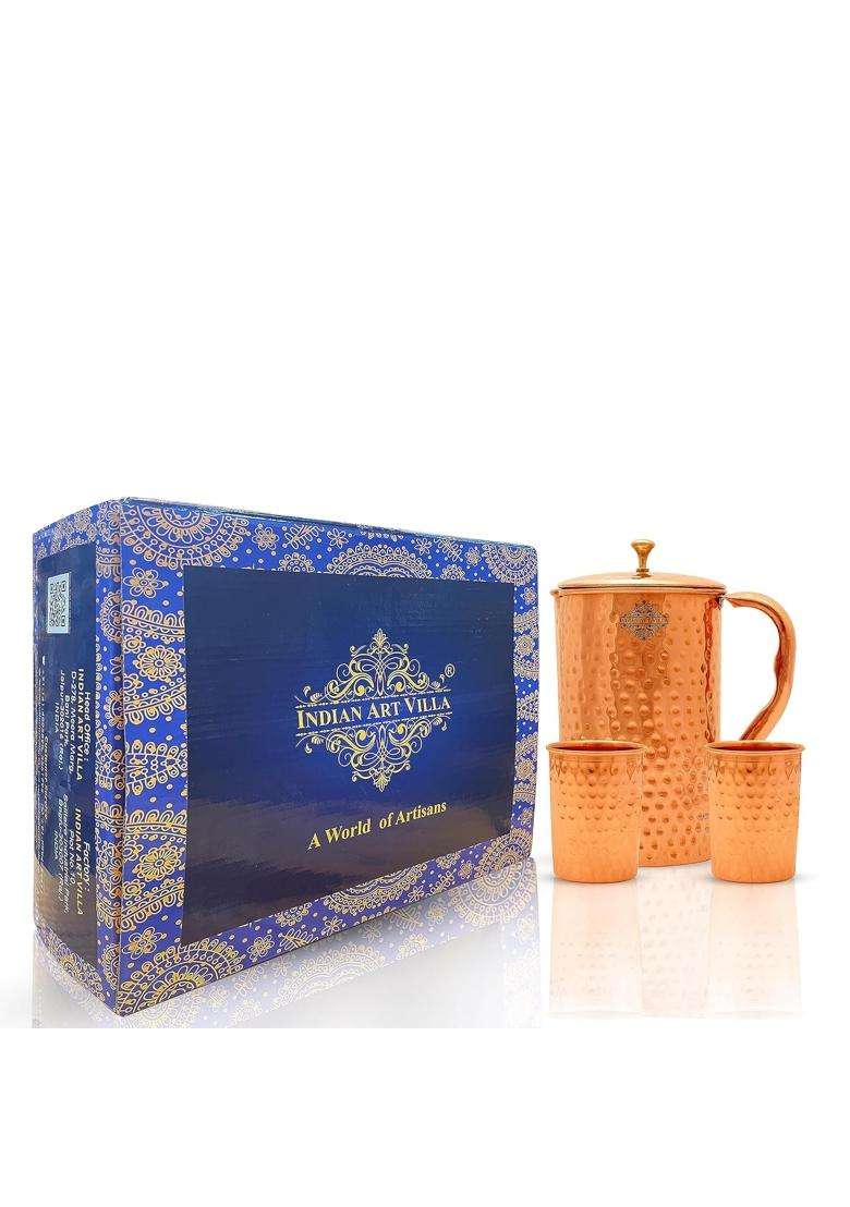 INDIAN ART VILLA Pure Copper Drinkware Gift Jug and 2 Glass with Gift Box and Hammered Design | 1.5 L | 1.6 Qt - Indya