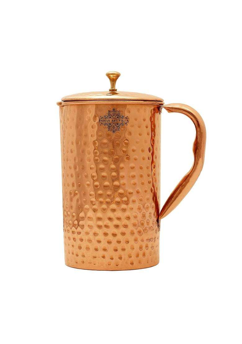 INDIAN ART VILLA Pure Copper Drinkware Gift Jug and 2 Glass with Gift Box and Hammered Design | 1.5 L | 1.6 Qt - Indya