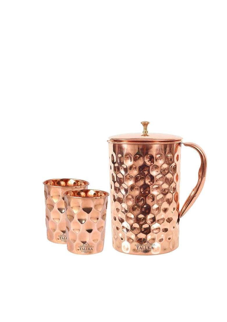 Taluka With T Logo Copper Diamond Design Set of Jug with 2 Glass | 1500 ml | 50.7 fl oz - Indya