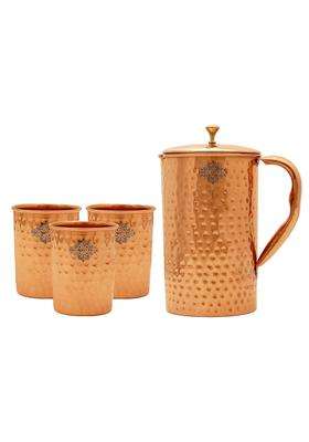 INDIAN ART VILLA Copper Jug Pitcher with 3 Glass Tumbler | 4-Piece Set