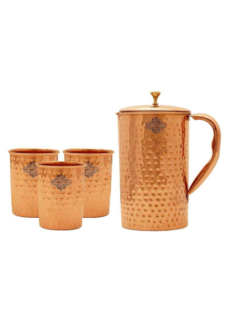 INDIAN ART VILLA Copper Jug Pitcher with 3 Glass Tumbler | 4-Piece Set - Indya