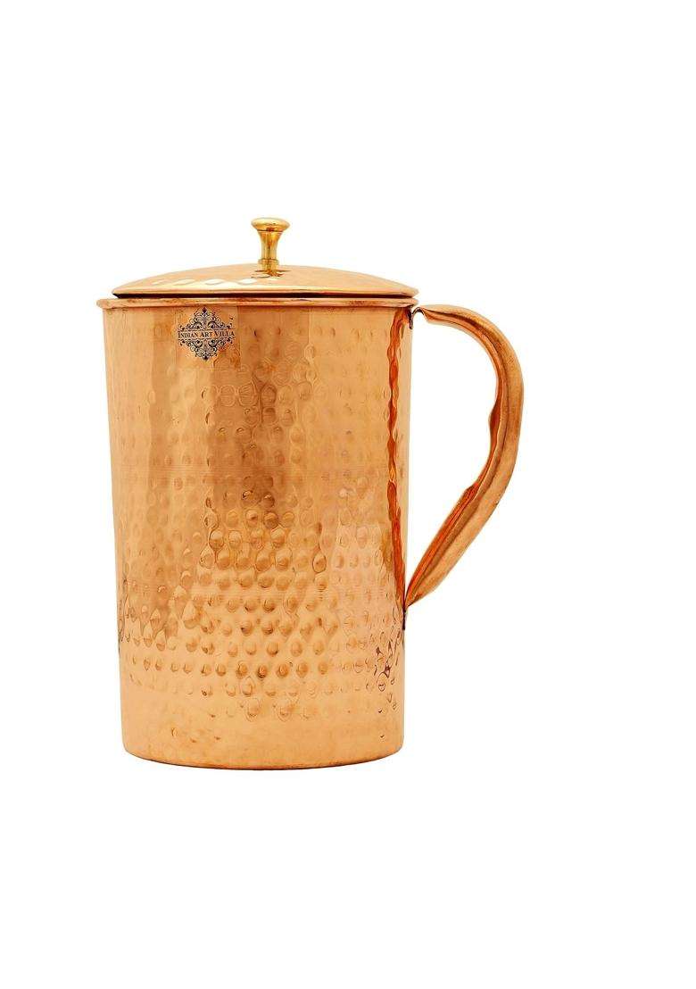 INDIAN ART VILLA Copper Jug Pitcher with 3 Glass Tumbler | 4-Piece Set - Indya