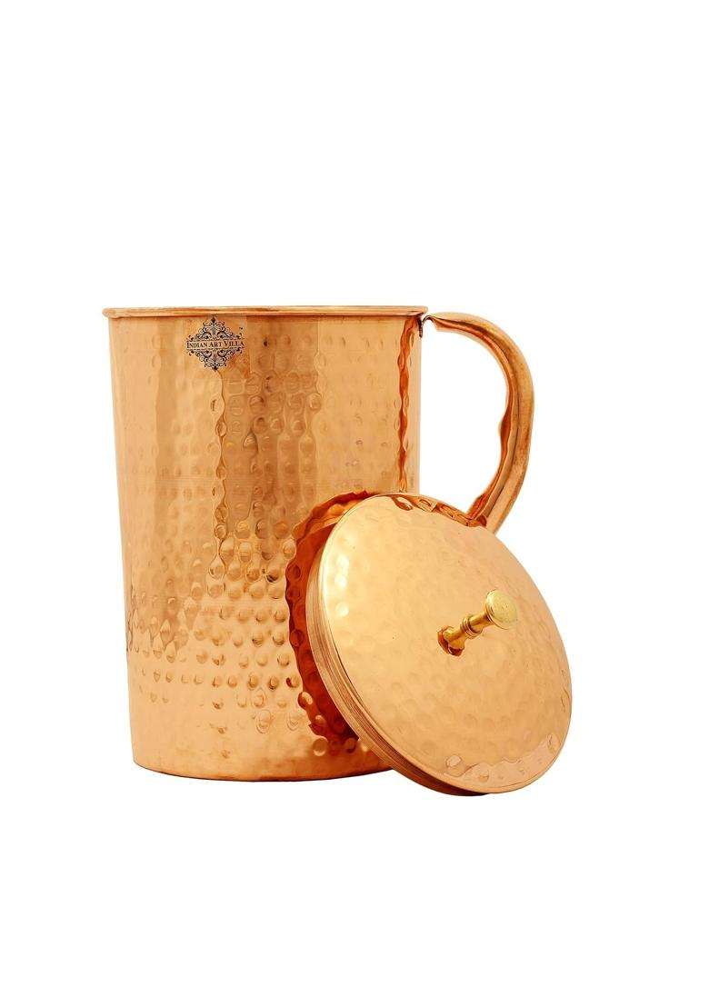 INDIAN ART VILLA Copper Jug Pitcher with 3 Glass Tumbler | 4-Piece Set - Indya