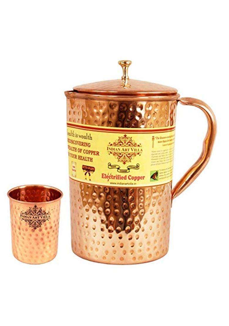INDIAN ART VILLA Pure Copper Hammered Water Jug Pitcher with Glass Set | 2000 ml | 67.6 fl oz - Indya