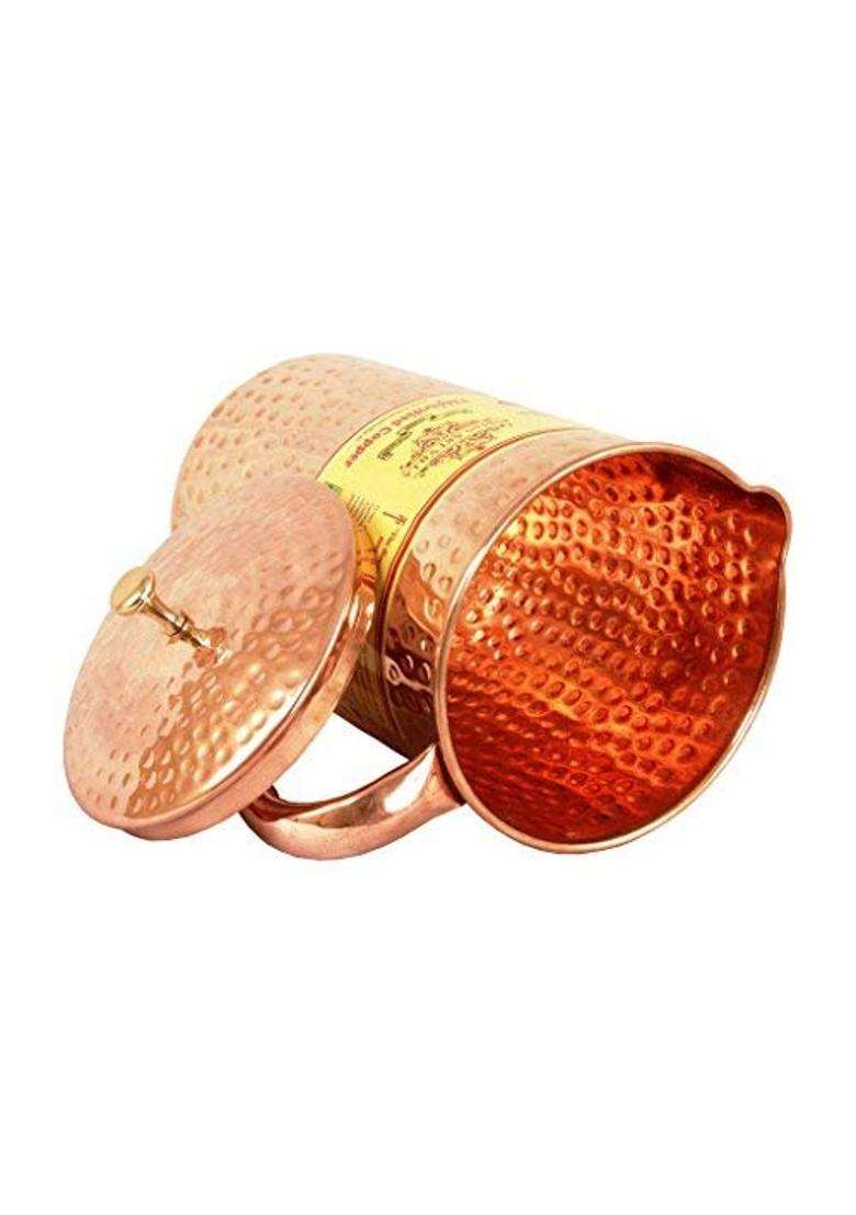 INDIAN ART VILLA Pure Copper Hammered Water Jug Pitcher with Glass Set | 2000 ml | 67.6 fl oz - Indya
