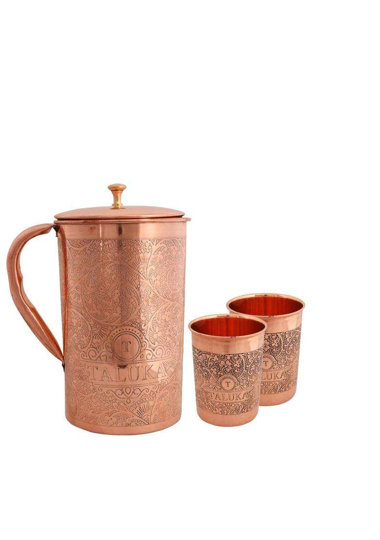 Taluka With T Logo Taluka Handmade Copper Etching Embossed Jug and Glass Set Jug with 2 Copper Glass | 1500 ml | 50.7 fl oz | 3-Piece Set - Indya