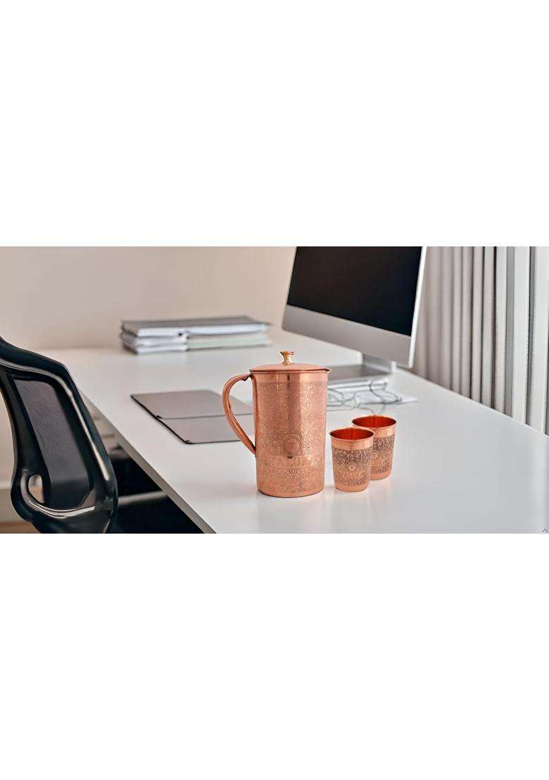 Taluka With T Logo Taluka Handmade Copper Etching Embossed Jug and Glass Set Jug with 2 Copper Glass | 1500 ml | 50.7 fl oz | 3-Piece Set - Indya
