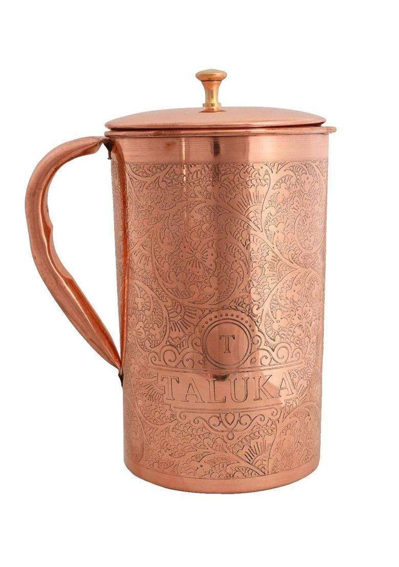 Taluka With T Logo Taluka Handmade Copper Etching Embossed Jug and Glass Set Jug with 2 Copper Glass | 1500 ml | 50.7 fl oz | 3-Piece Set - Indya