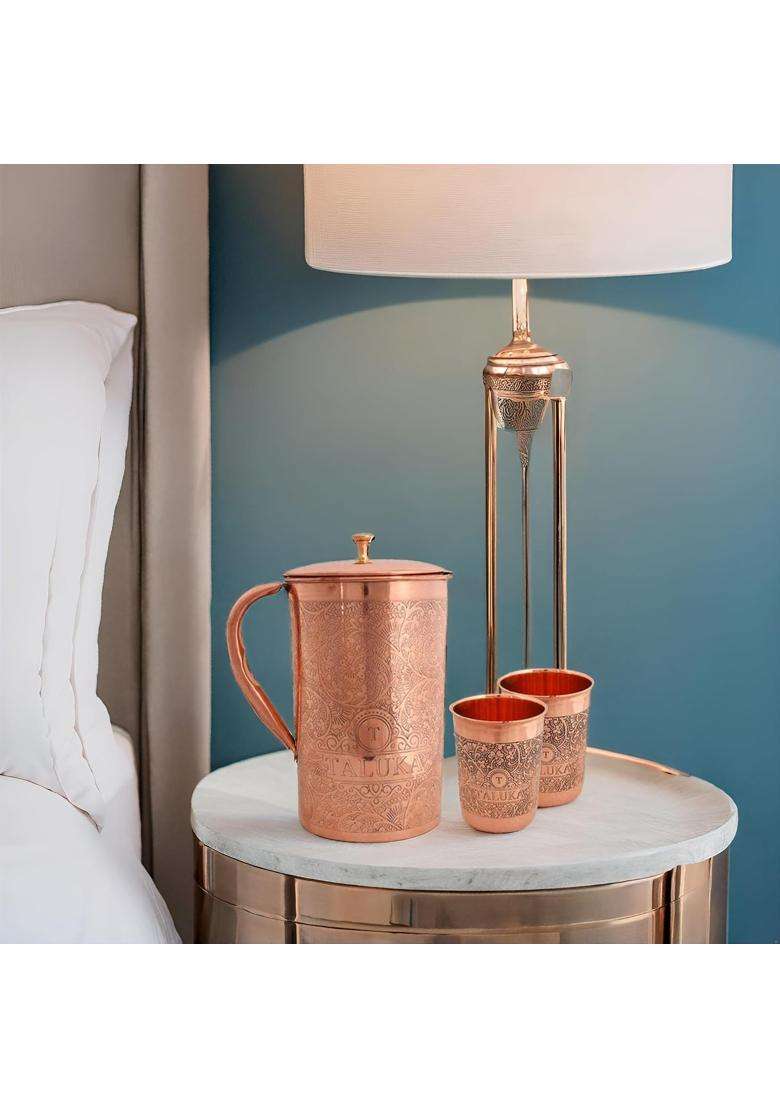 Taluka With T Logo Taluka Handmade Copper Etching Embossed Jug and Glass Set Jug with 2 Copper Glass | 1500 ml | 50.7 fl oz | 3-Piece Set - Indya