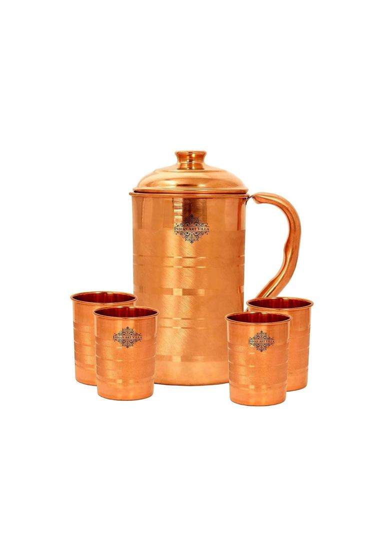 INDIAN ART VILLA Handmade Copper Jug with 4 Glass | 5-Piece Set - Indya