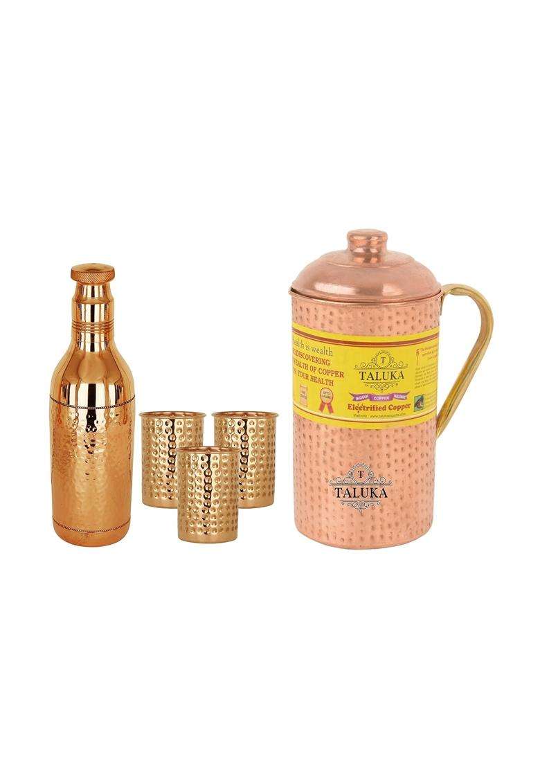 Taluka With T Logo Taluka Copper Hammered Water Bottle | 1700 ml | 57.5 fl oz | 5-Piece Set - Indya