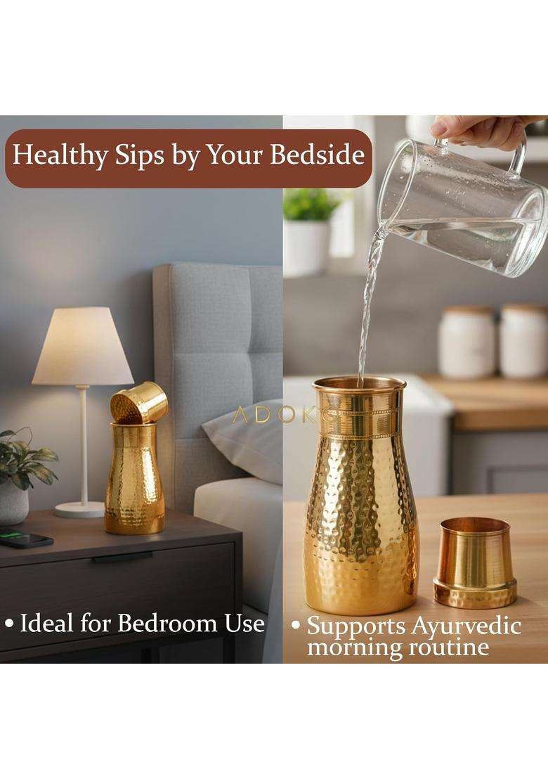 Adoko Pure Copper Bedside Water Bottle with Tumbler Lid | 1 L | 1.1 Qt - Indya