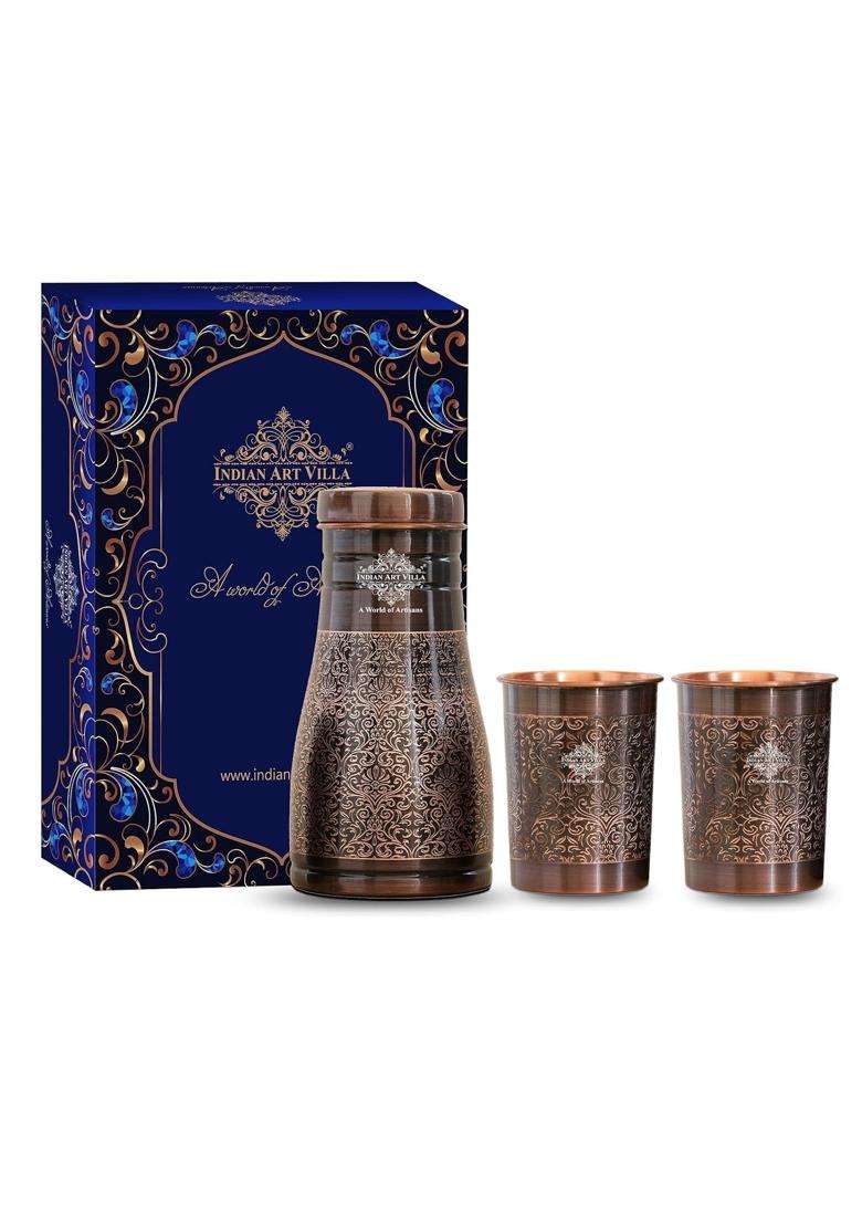 INDIAN ART VILLA Copper Bedroom Bottle and Glass Set | 1000 ml | 33.8 fl oz - Indya