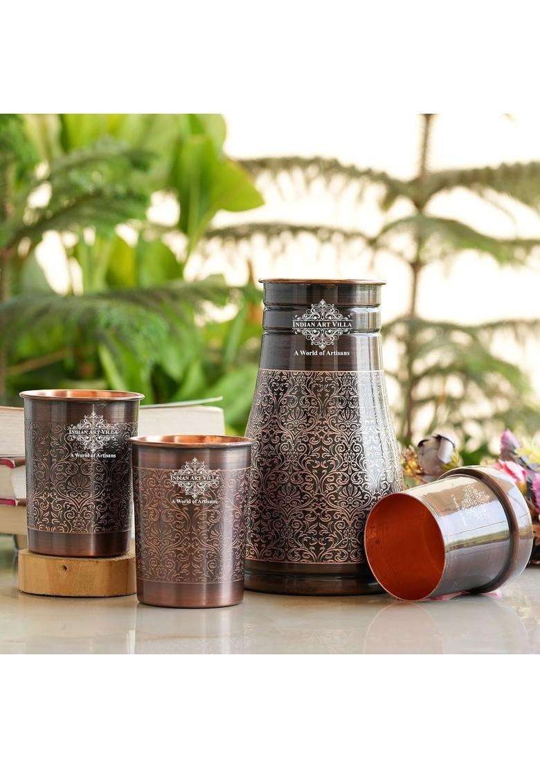 INDIAN ART VILLA Copper Bedroom Bottle and Glass Set | 1000 ml | 33.8 fl oz - Indya