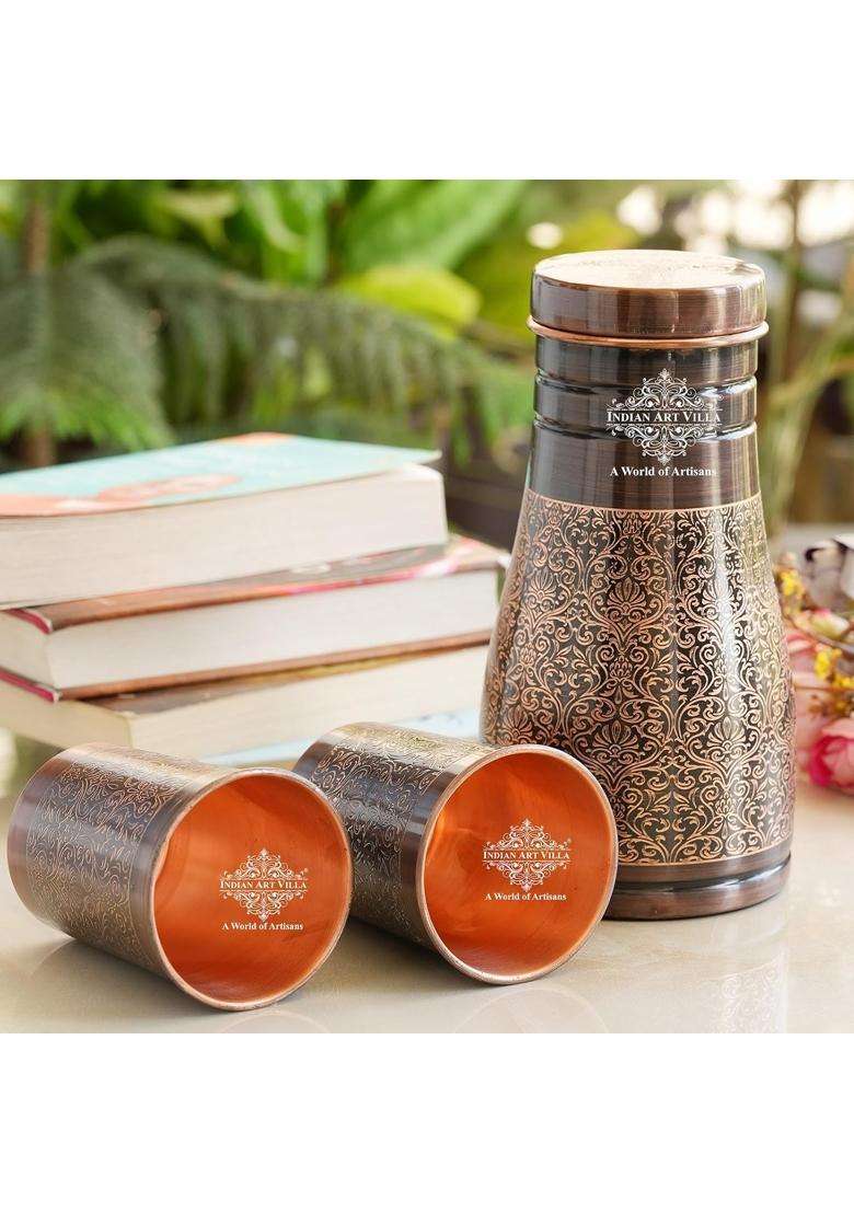 INDIAN ART VILLA Copper Bedroom Bottle and Glass Set | 1000 ml | 33.8 fl oz - Indya