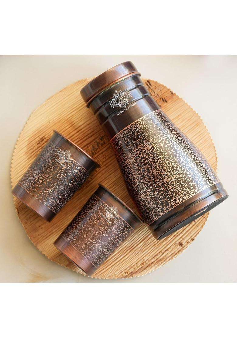 INDIAN ART VILLA Copper Bedroom Bottle and Glass Set | 1000 ml | 33.8 fl oz - Indya
