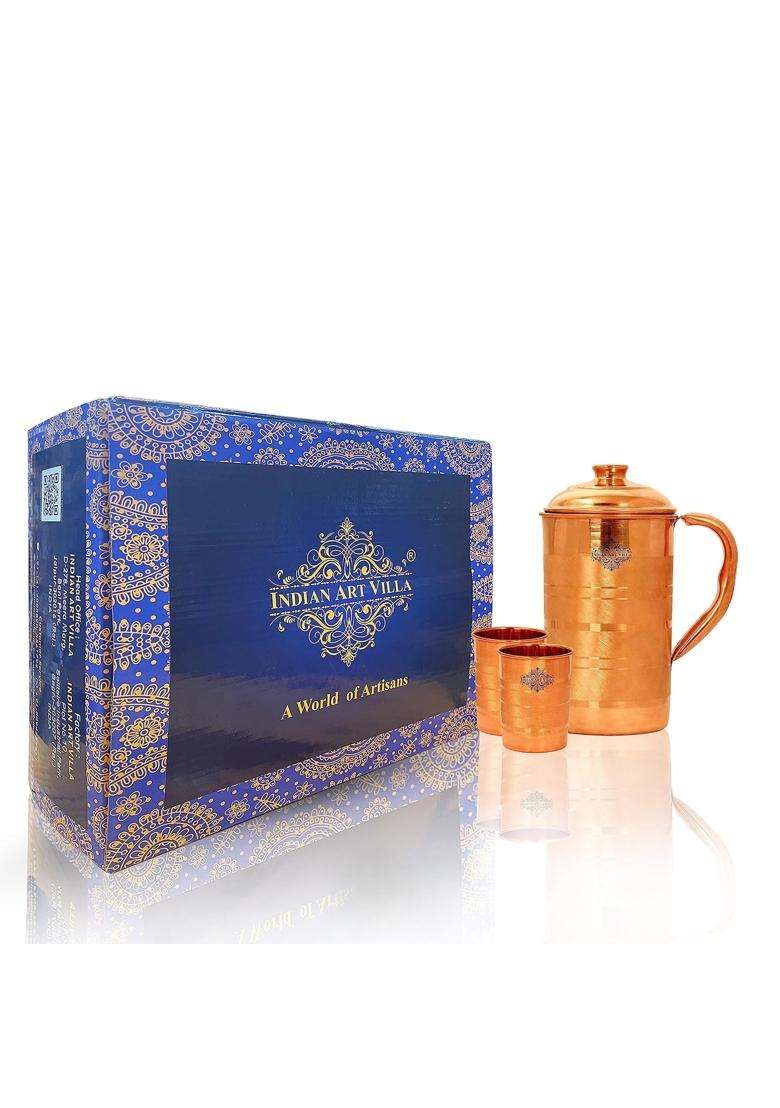 INDIAN ART VILLA Handmade Copper Jug with 2 Glass | 3-Piece Set - Indya