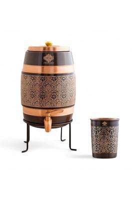 INDIAN ART VILLA Copper Water Carafes with Embossed and Black Printed Design | 5 L | 5.3 Qt