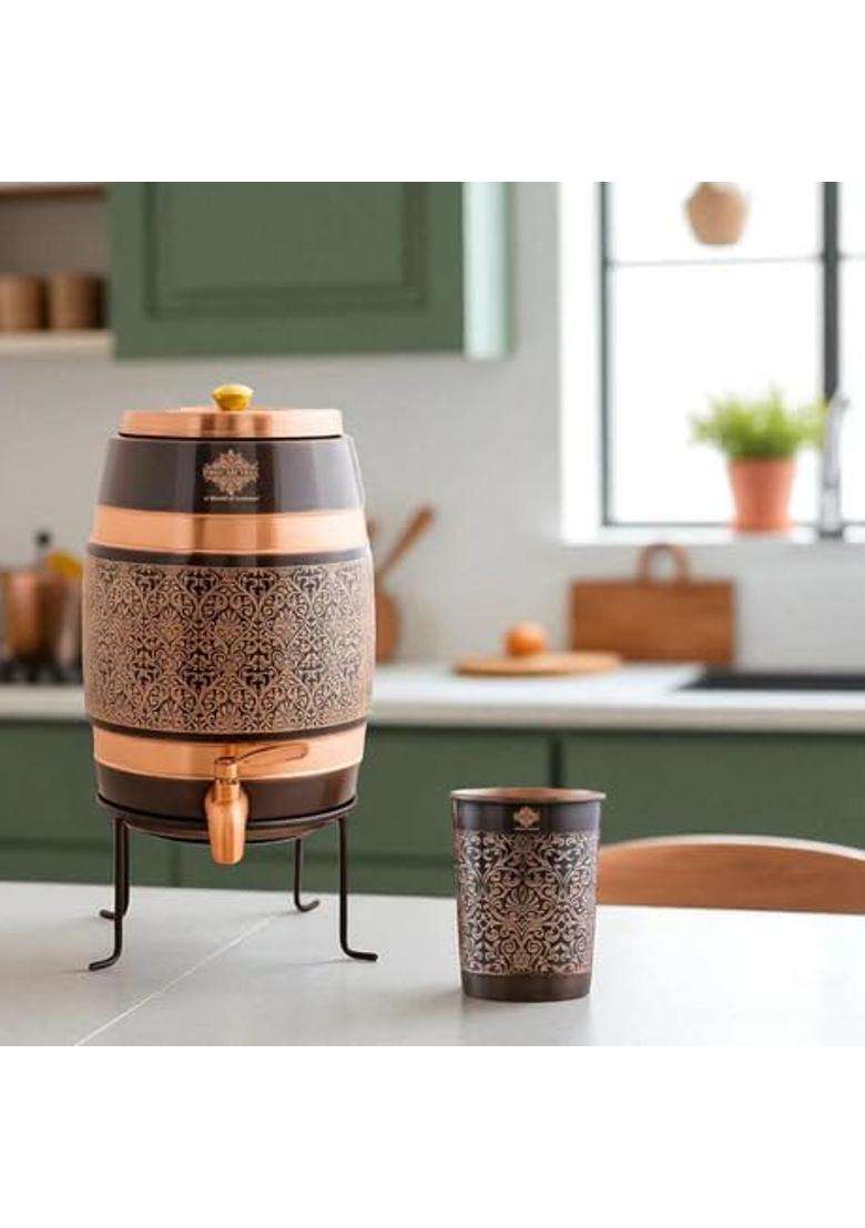 INDIAN ART VILLA Copper Water Carafes with Embossed and Black Printed Design | 5 L | 5.3 Qt - Indya