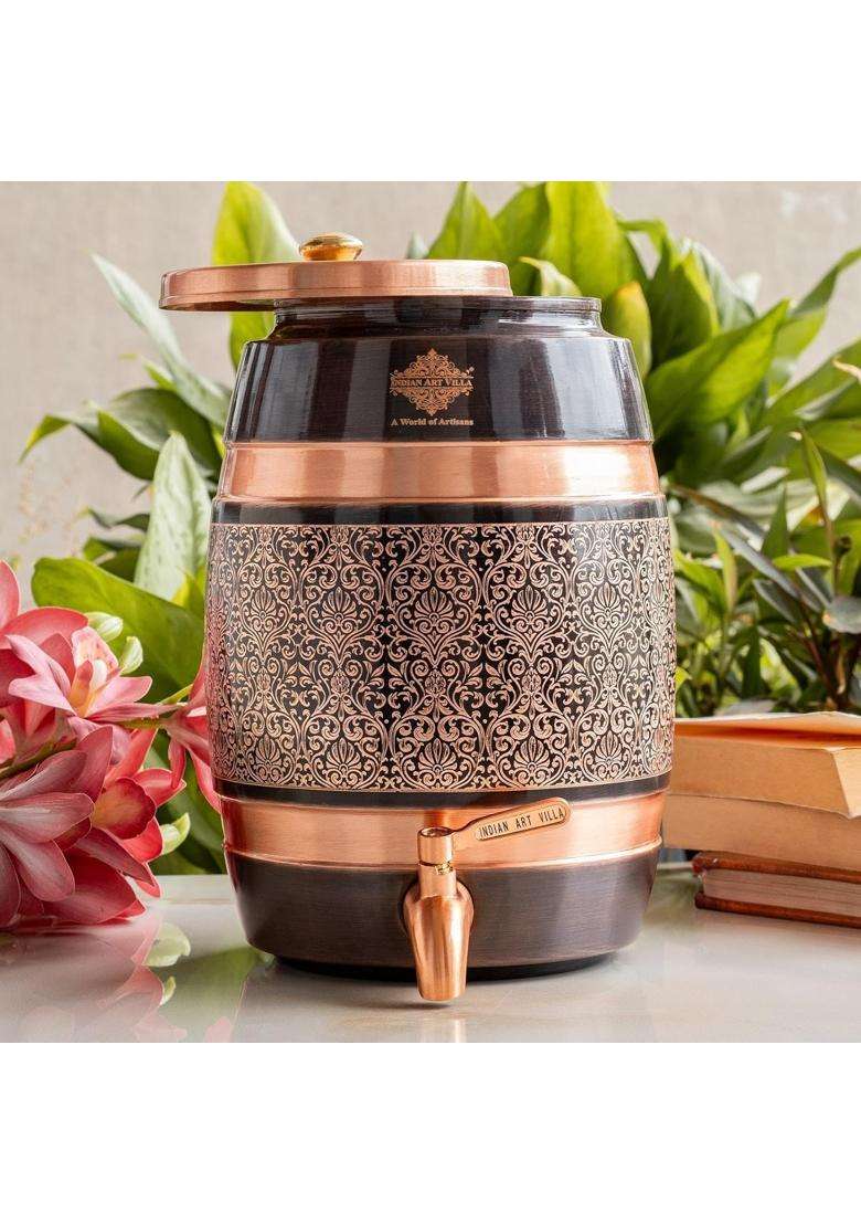 INDIAN ART VILLA Copper Water Carafes with Embossed and Black Printed Design | 5 L | 5.3 Qt - Indya