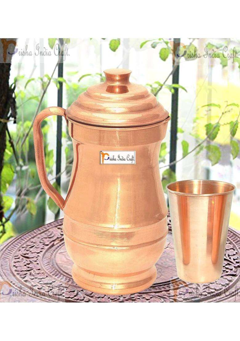 Prisha India Craft Copper Jug with Glass | 1800 ml | 60.9 fl oz - Indya