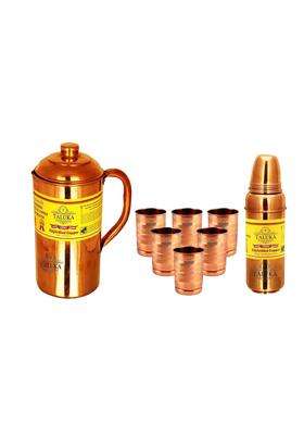 Taluka With T Logo Taluka Plain Copper Jug Pitcher with 6 Copper Glass Cup 1 Thermos Water Bottle | 1500 ml | 50.7 fl oz