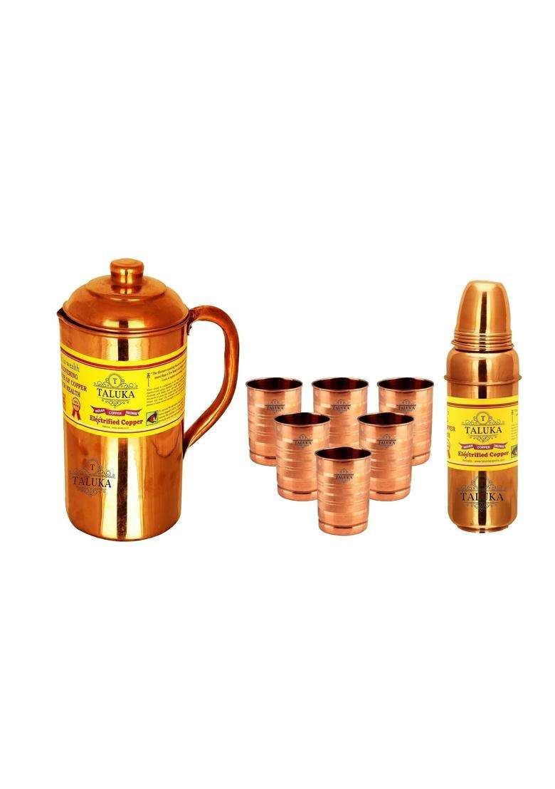 Taluka With T Logo Taluka Plain Copper Jug Pitcher with 6 Copper Glass Cup 1 Thermos Water Bottle | 1500 ml | 50.7 fl oz - Indya