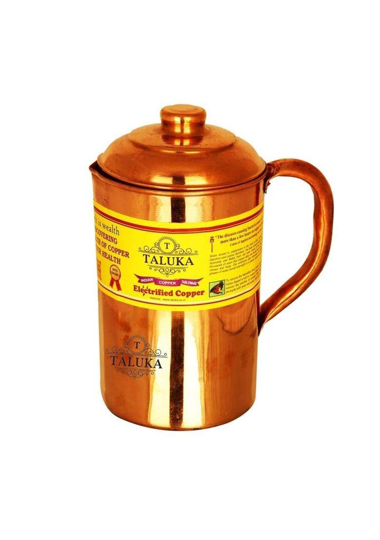 Taluka With T Logo Taluka Plain Copper Jug Pitcher with 6 Copper Glass Cup 1 Thermos Water Bottle | 1500 ml | 50.7 fl oz - Indya
