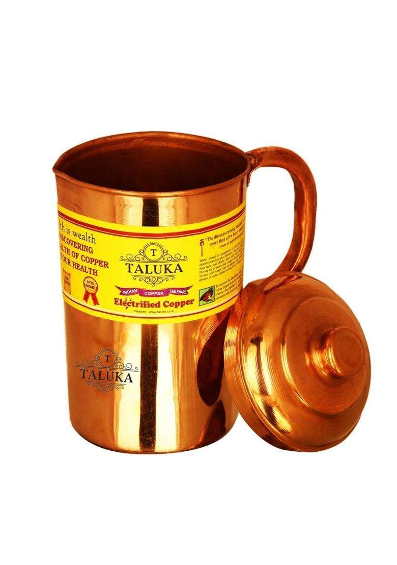 Taluka With T Logo Taluka Plain Copper Jug Pitcher with 6 Copper Glass Cup 1 Thermos Water Bottle | 1500 ml | 50.7 fl oz - Indya