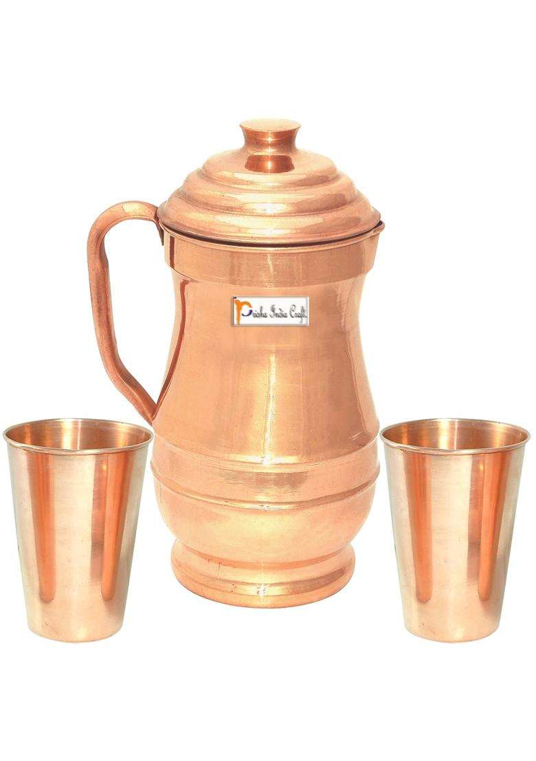 Prisha India Craft Pure Copper Maharaja Jug with 2 Pure Copper Plain Glass Set | 1800 ml | 60.9 fl oz - Indya