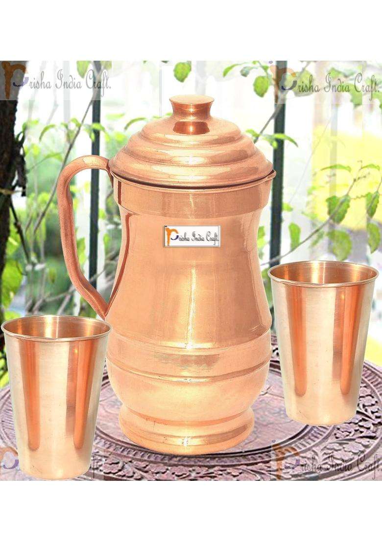 Prisha India Craft Pure Copper Maharaja Jug with 2 Pure Copper Plain Glass Set | 1800 ml | 60.9 fl oz - Indya