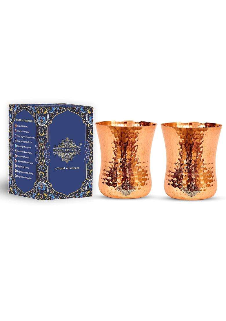 INDIAN ART VILLA Curved Copper Glass Tumbler Cup | 300 ml | 10.1 fl oz | 2-Piece Set | Hammered Finish - Indya