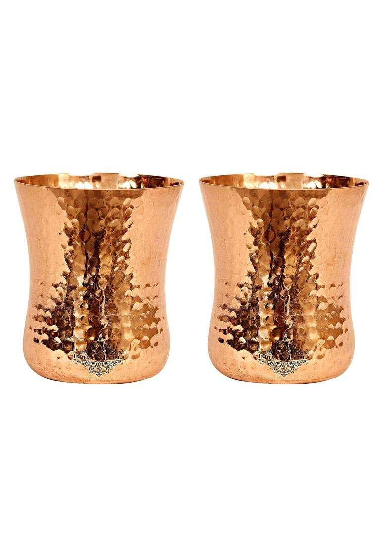 INDIAN ART VILLA Curved Copper Glass Tumbler Cup | 300 ml | 10.1 fl oz | 2-Piece Set | Hammered Finish - Indya