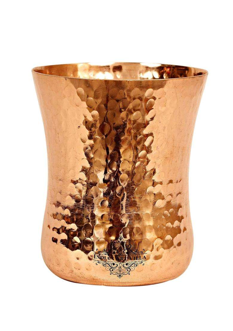 INDIAN ART VILLA Curved Copper Glass Tumbler Cup | 300 ml | 10.1 fl oz | 2-Piece Set | Hammered Finish - Indya