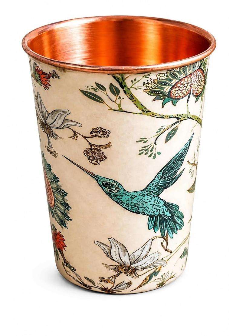 i2collections Copper Water Glass Capacity with Bird and Floral Design | 300 ml | 10.1 fl oz - Indya